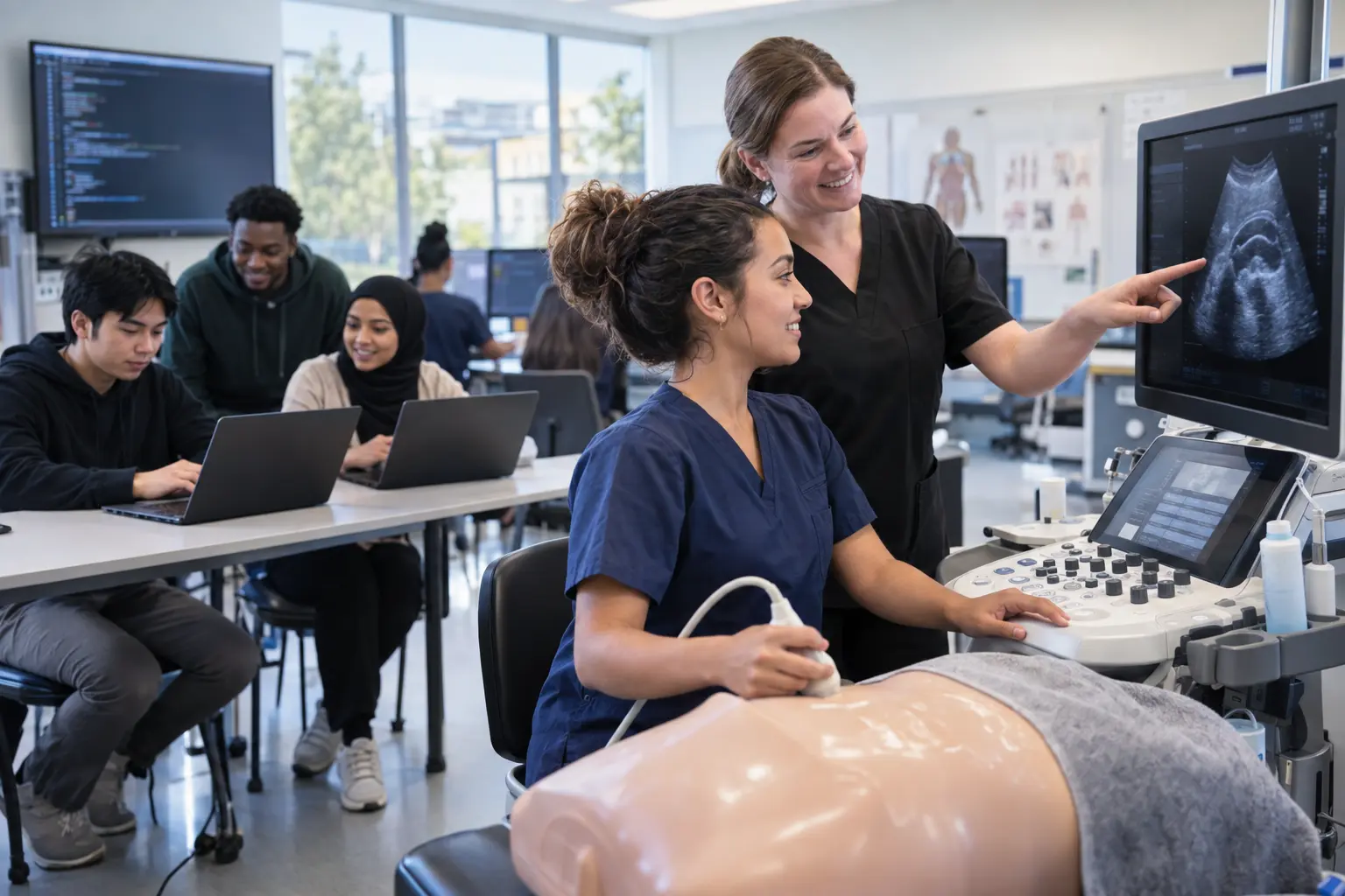 Students learning diagnostic medical sonography and computer coding in a technical training laboratory