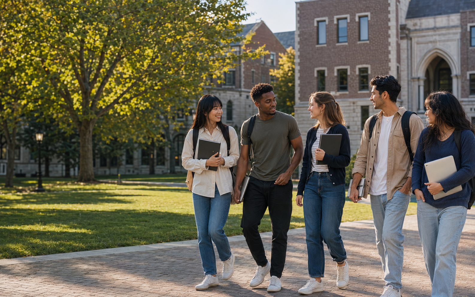 International students walking together on a university campus